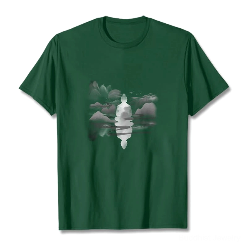 Detailed close-up of Zen Buddha mountain landscape ink wash print on cotton t-shirt