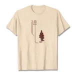 Beige zen buddha graphic cotton t-shirt flat lay front view with maroon print design