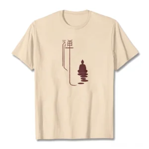 Beige zen buddha graphic cotton t-shirt flat lay front view with maroon print design