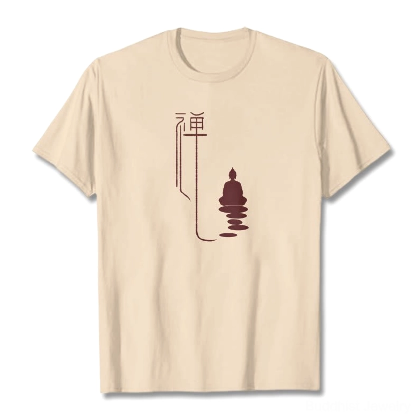 Beige zen buddha graphic cotton t-shirt flat lay front view with maroon print design