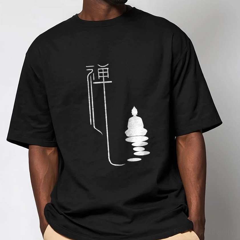 Zen buddha cotton tee black color side front view on male model with white graphic design
