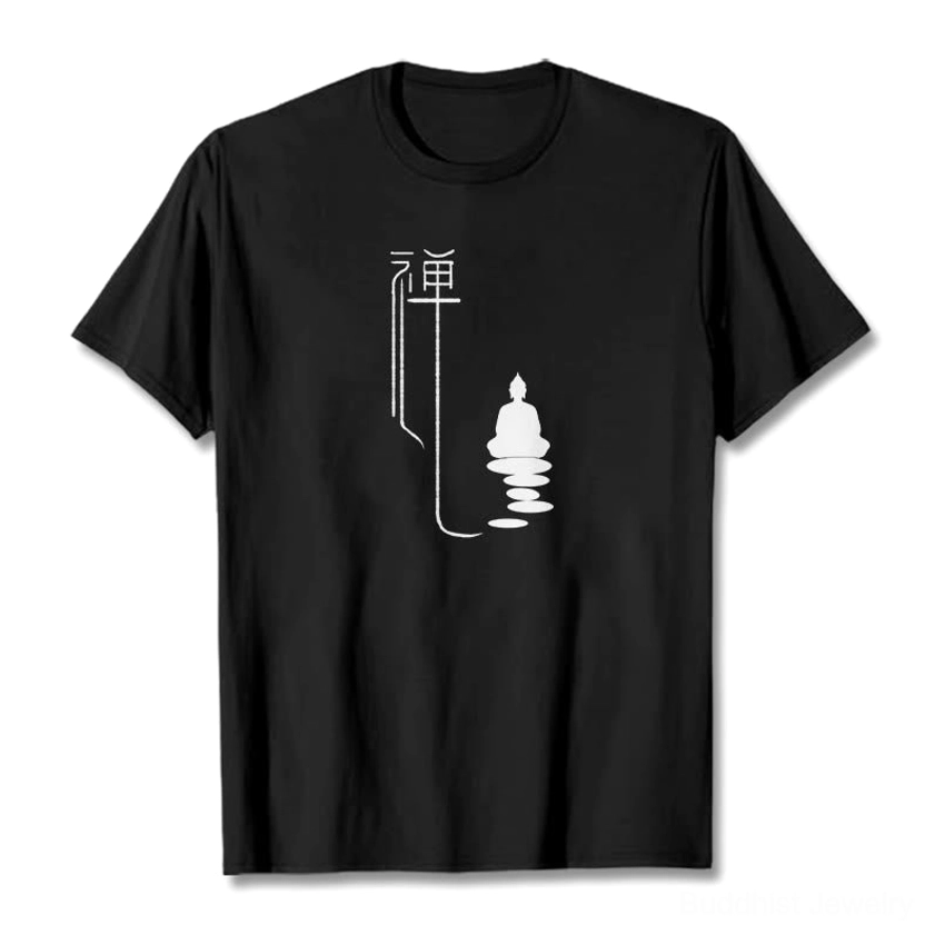 Black zen buddha graphic cotton t-shirt flat lay front view with white print
