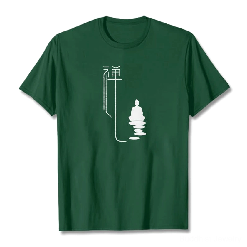 Dark green zen buddha graphic cotton t-shirt flat lay with white print design