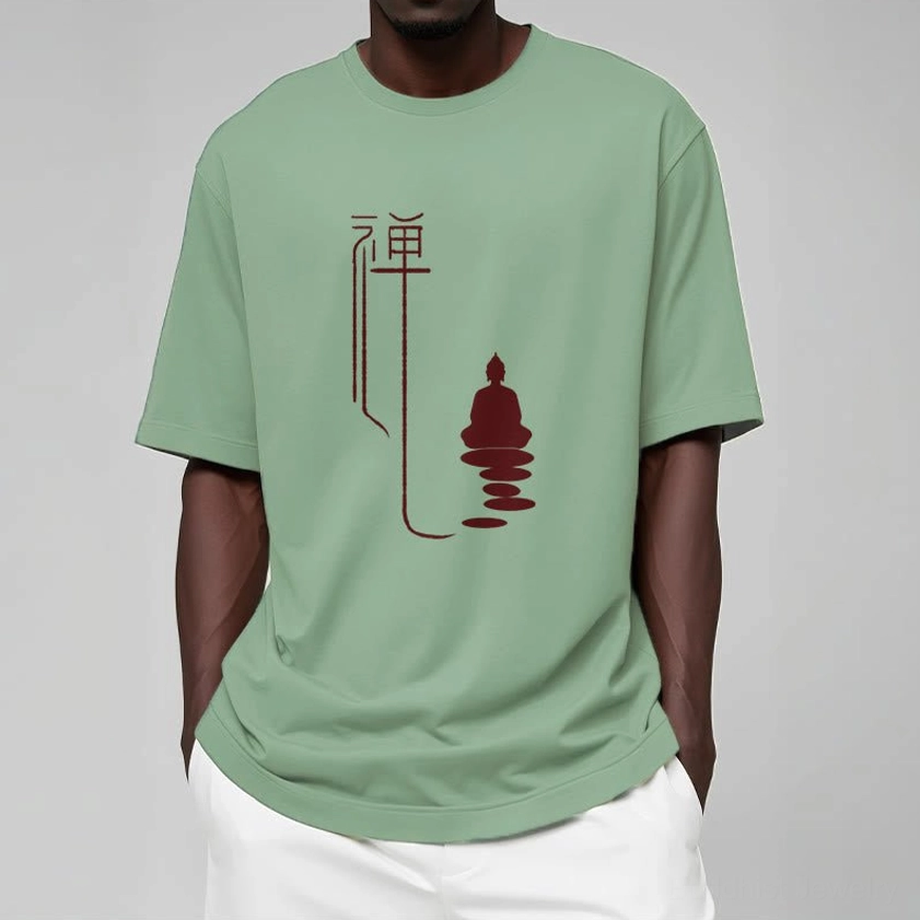 Zen buddha cotton graphic tee light grey color flat lay studio background