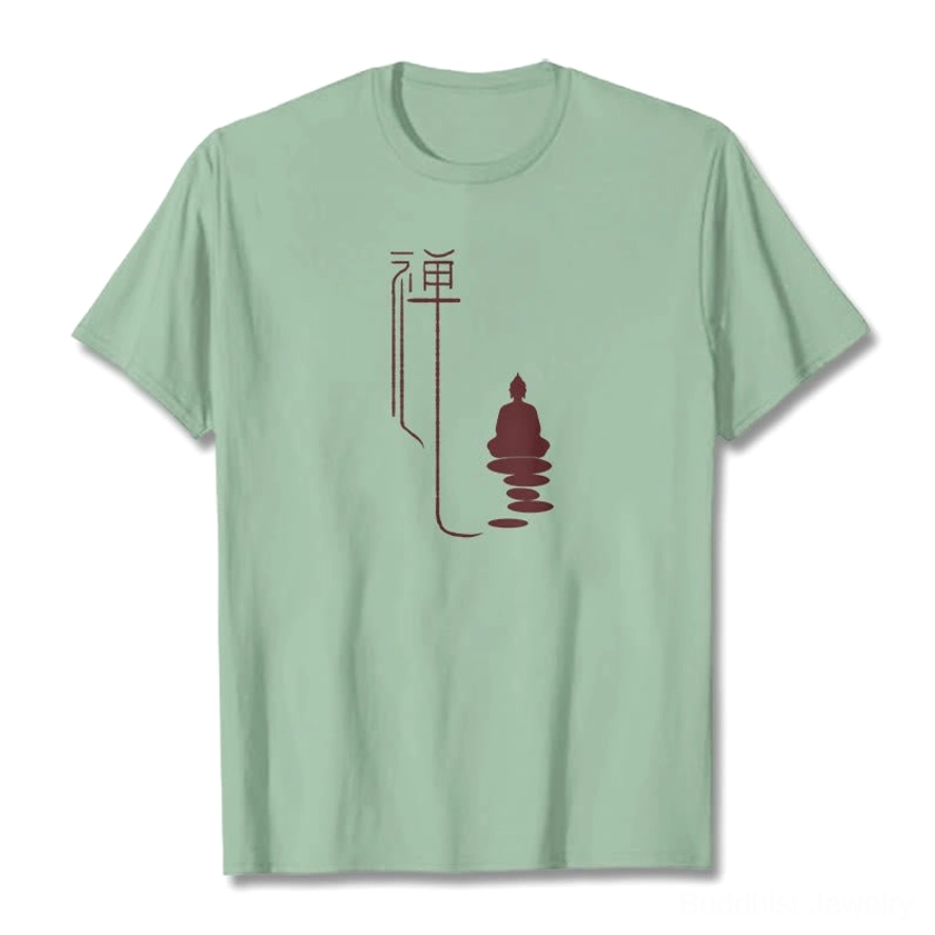Zen buddha tee pale green color male model wearable front view casual styling