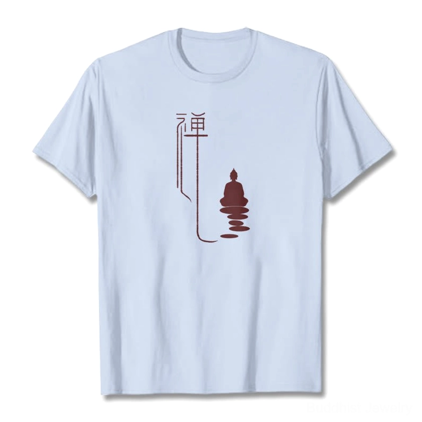 Zen buddha tee pale green color flat lay front view with white graphic design
