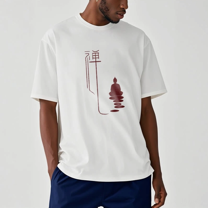 Zen buddha tee product detail close-up white ink film printing on premium cotton fabric
