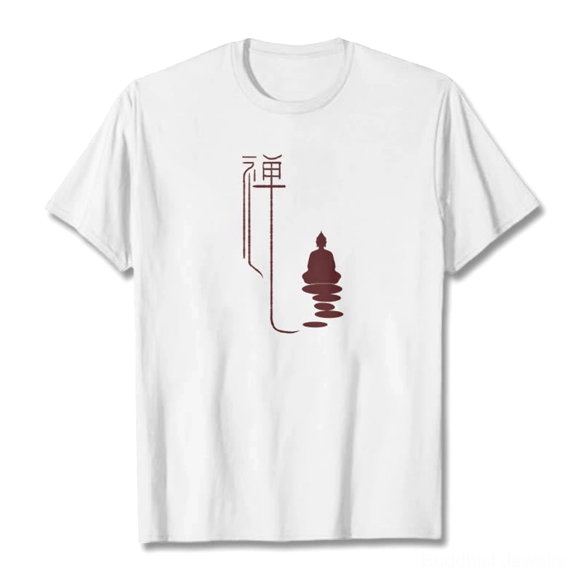 White zen buddha graphic cotton t-shirt flat lay front view with maroon print design