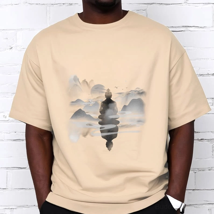 Female model wearing light grey Zen Buddhist t-shirt with mountain landscape casual style
