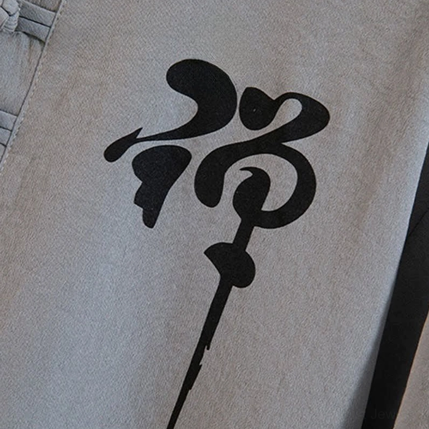 Authentic Zen calligraphy character print on Buddhist meditation shirt, featuring traditional Chan Buddhist symbol on natural linen fabric