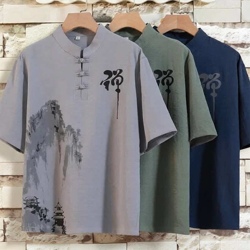 Zen-inspired ink-wash print and calligraphy details on Buddhist meditation shirt, artisanal hand-painted design on natural linen-cotton blend