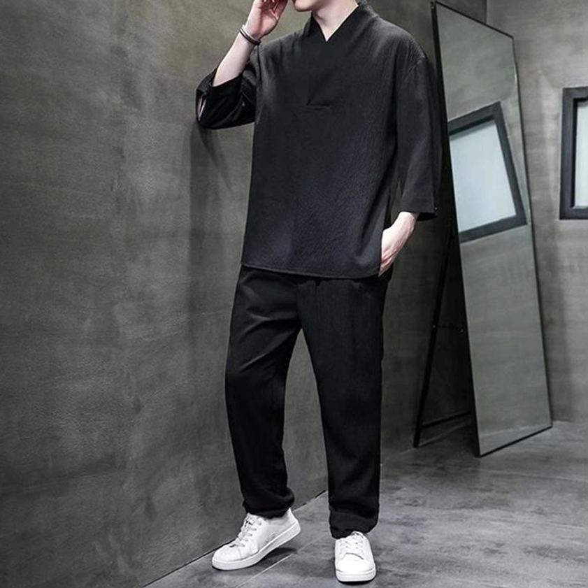 Mens Buddhist two-piece casual set black linen-style shirt black tapered pants meditation wear