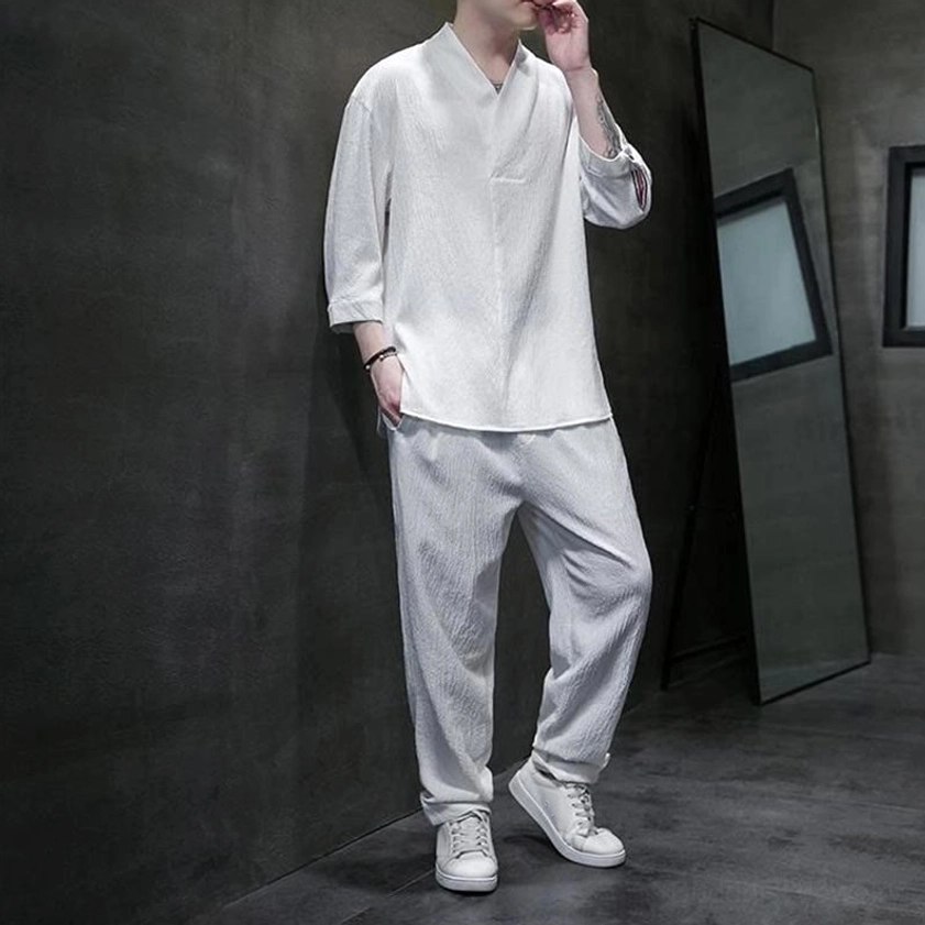 Buddhist linen mens set white three-quarter sleeve shirt side-front angle relaxed casual outfit