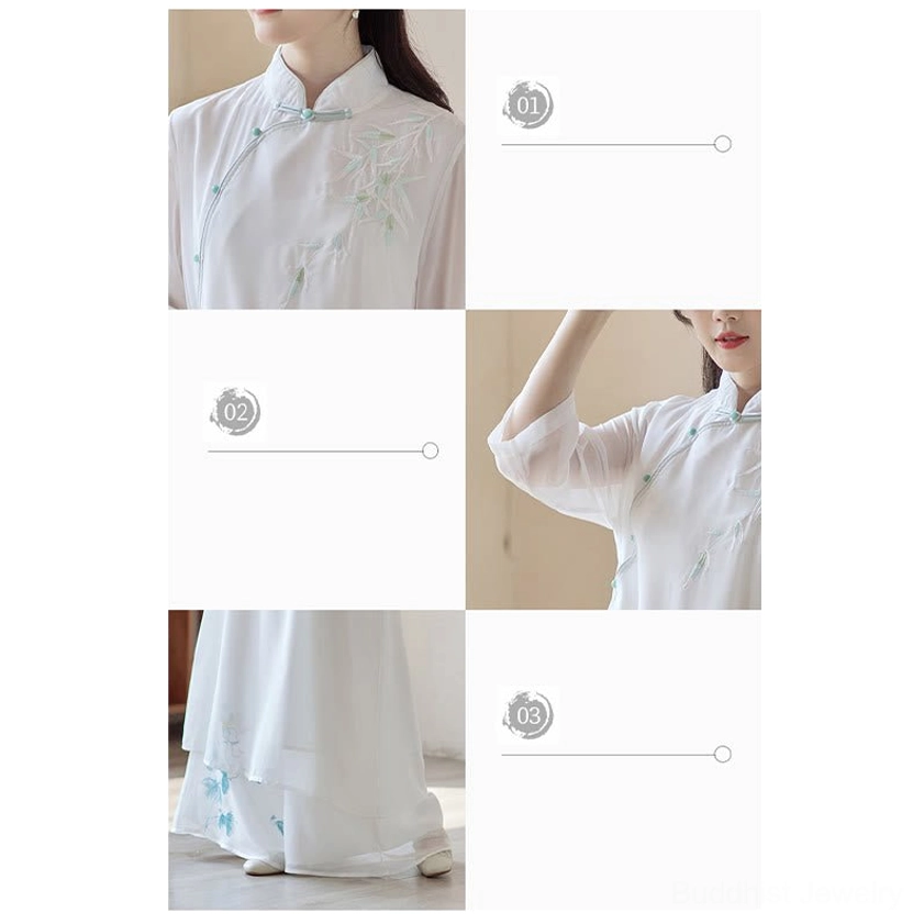Cheongsam meditation dress size chart showing measurements in inches and centimeters for bust, waist, and hip across sizes M, L, XL, 2XL
