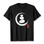 Zen circles Buddhist cotton t-shirt flat lay front view featuring white stone stack print and red accent on black fabric