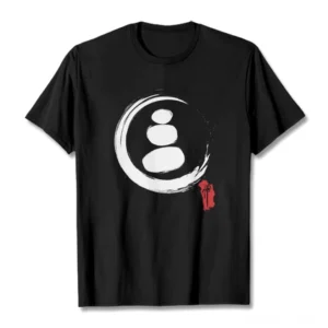 Zen circles Buddhist cotton t-shirt flat lay front view featuring white stone stack print and red accent on black fabric