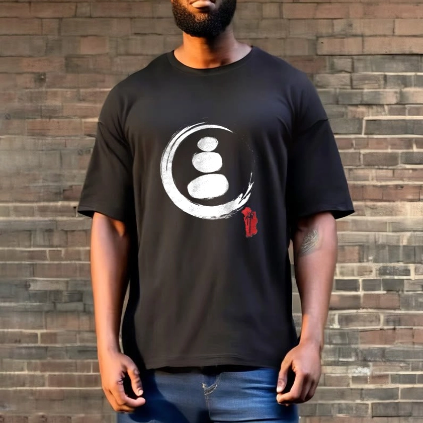 Black Zen circles Buddhist cotton t-shirt full body worn look standing against brick wall outdoor setting
