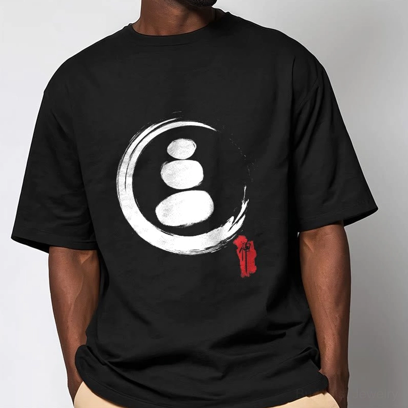 Zen circles graphic cotton t-shirt crew neck close-up showing detail of white ink Buddhist circle print design