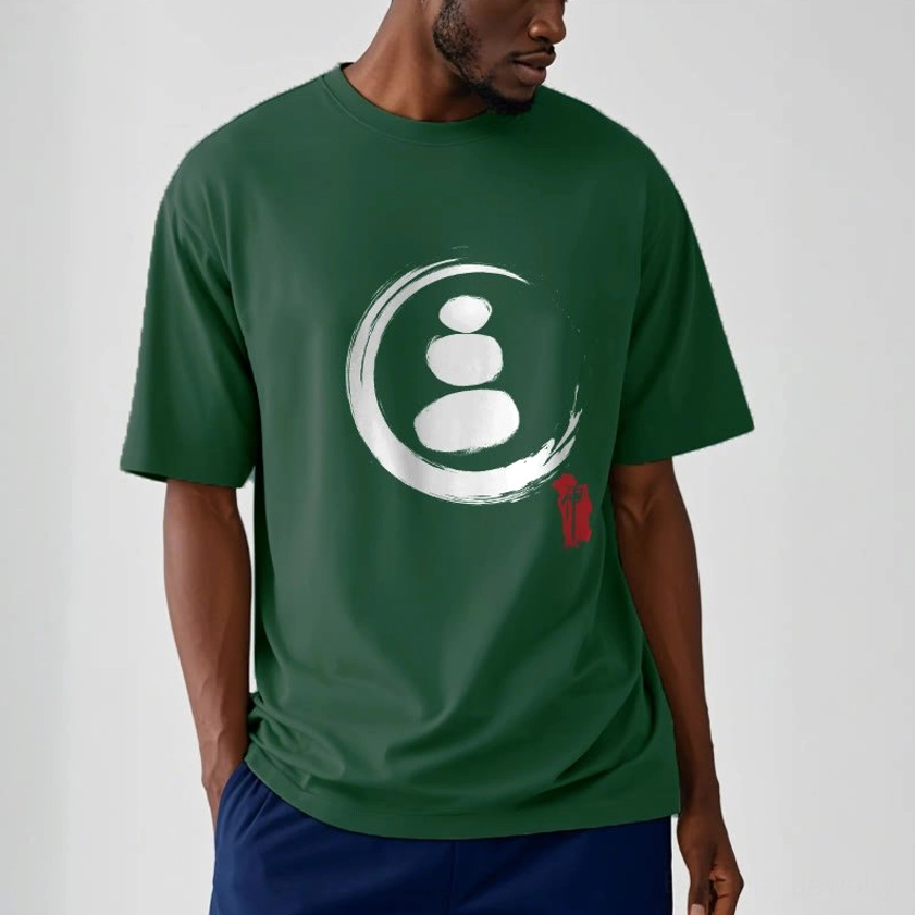 Dark green zen circles Buddhist graphic tee crew neck standing upper body view with relaxed fit
