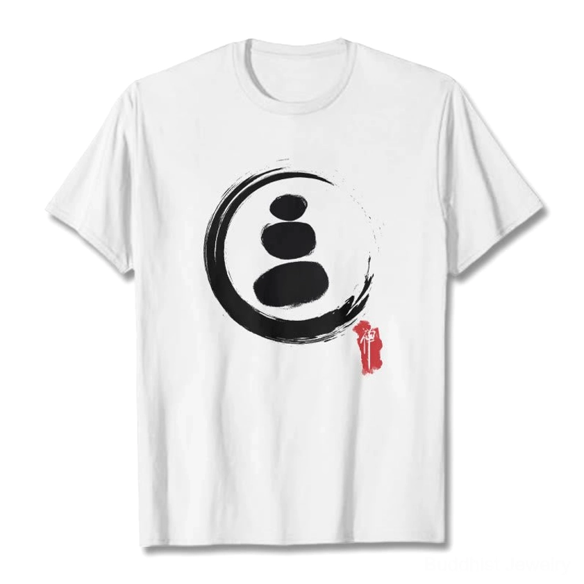Zen circles Buddhist cotton t-shirt showing white ink stone stack design with cultural significance and symbolism