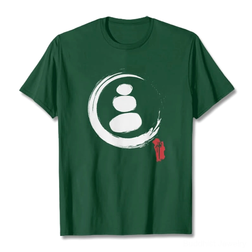 Forest green zen circles Buddhist cotton t-shirt flat lay front view with white stone stack print and accent