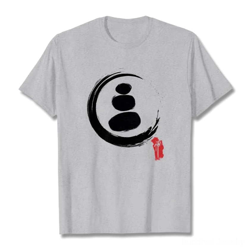 Light grey zen circles Buddhist cotton t-shirt flat lay showing relaxed unisex fit and print quality