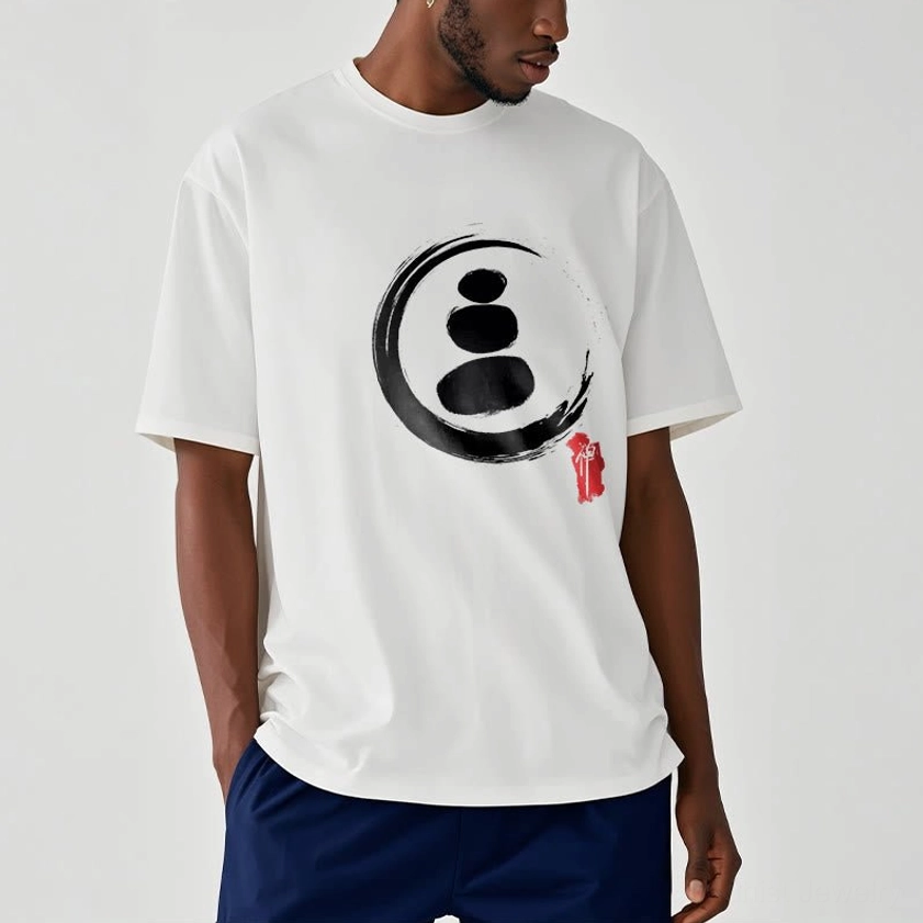 Pale green zen circles Buddhist cotton tee showing comfortable crew neck fit and mindfulness graphic design