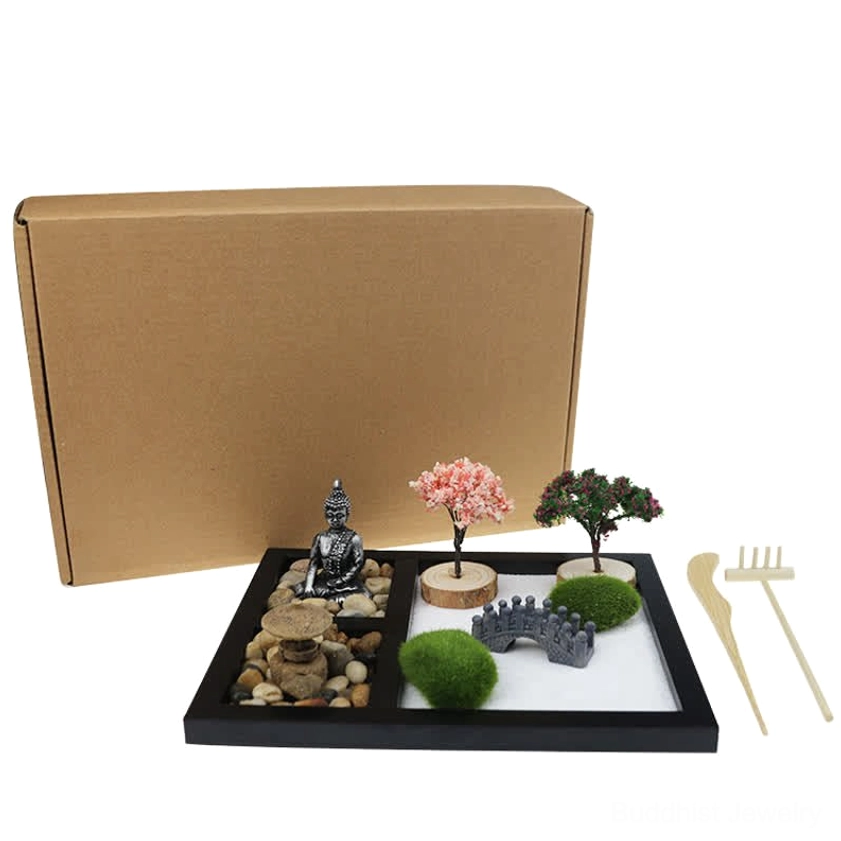 Complete zen garden meditation kit in kraft paper packaging showing full product presentation