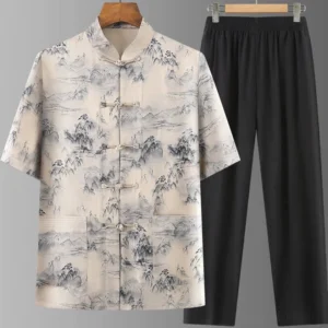 Men's Zen Ink Mountain Meditation Shirt and Straight Leg Pants Set - Front View Flat Lay Display