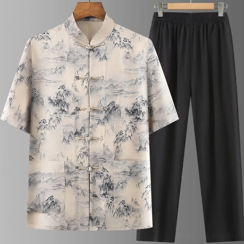 Men's Zen Ink Mountain Meditation Shirt and Straight Leg Pants Set - Front View Flat Lay Display