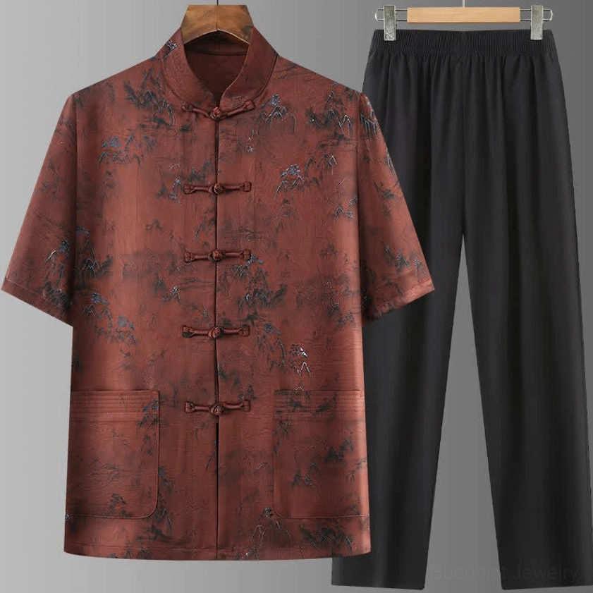 Men's Zen Ink Mountain Meditation Shirt & Pants Set - Sienna Rust Color Option Complete View