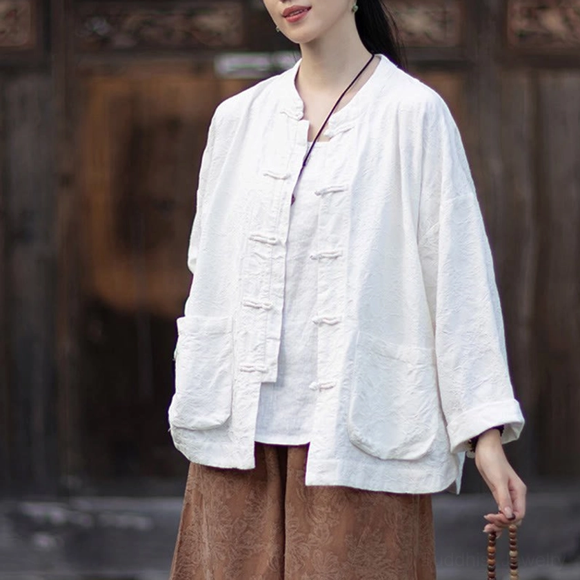 Zen meditation beige top showing relaxed fit and soft natural fabric drape