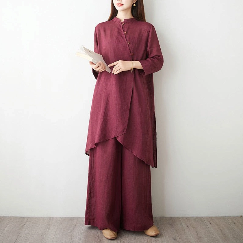 Women's zen meditation outfit set with asymmetrical hem tunic and loose wide-leg pants
