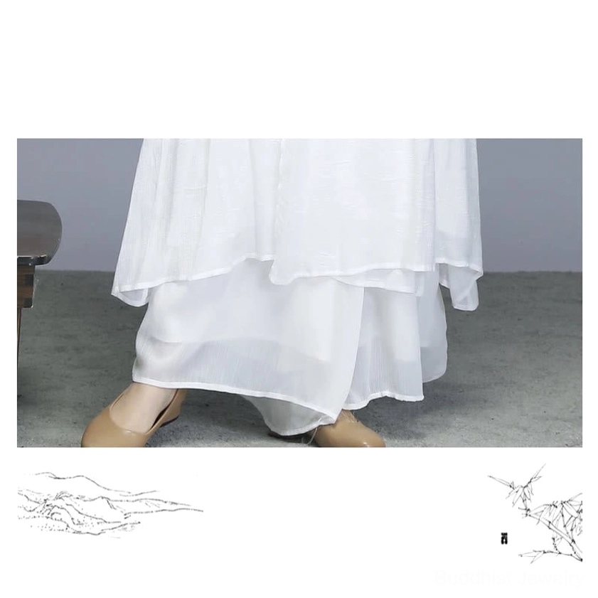Complete white Zen meditation set including midi dress and wide-leg pants in matching chiffon for yoga and mindfulness wear