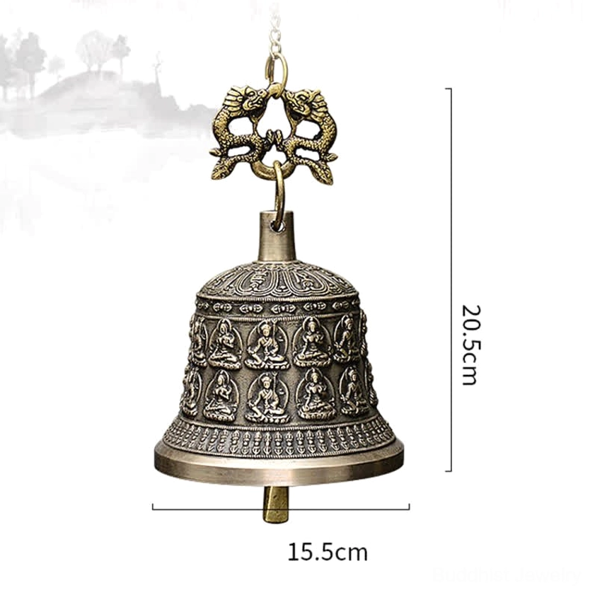 Handmade copper chime bell for meditation sanctuary with protective dragon motif and Buddhist reliefs