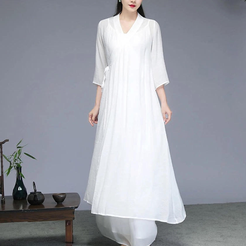 Zen meditation dress straight front view showcasing breathable lightweight chiffon fabric and relaxed fit for mindfulness practice