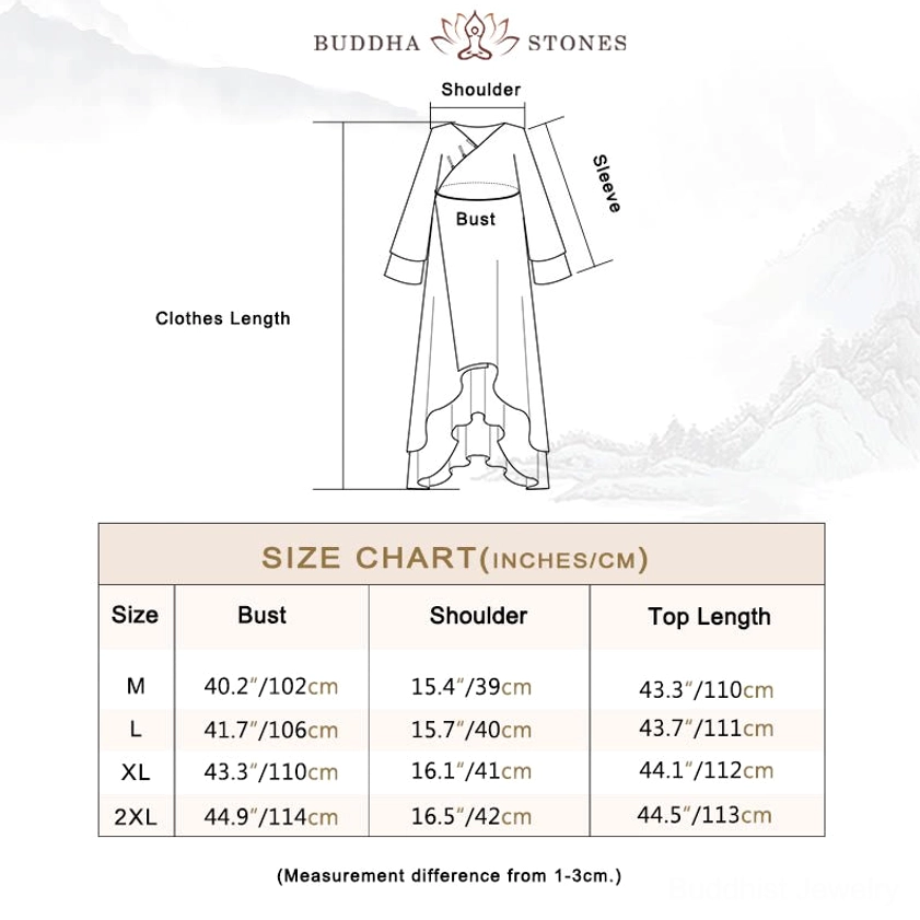 Zen meditation dress size chart with bust shoulder sleeve and length measurements for women's spiritual clothing