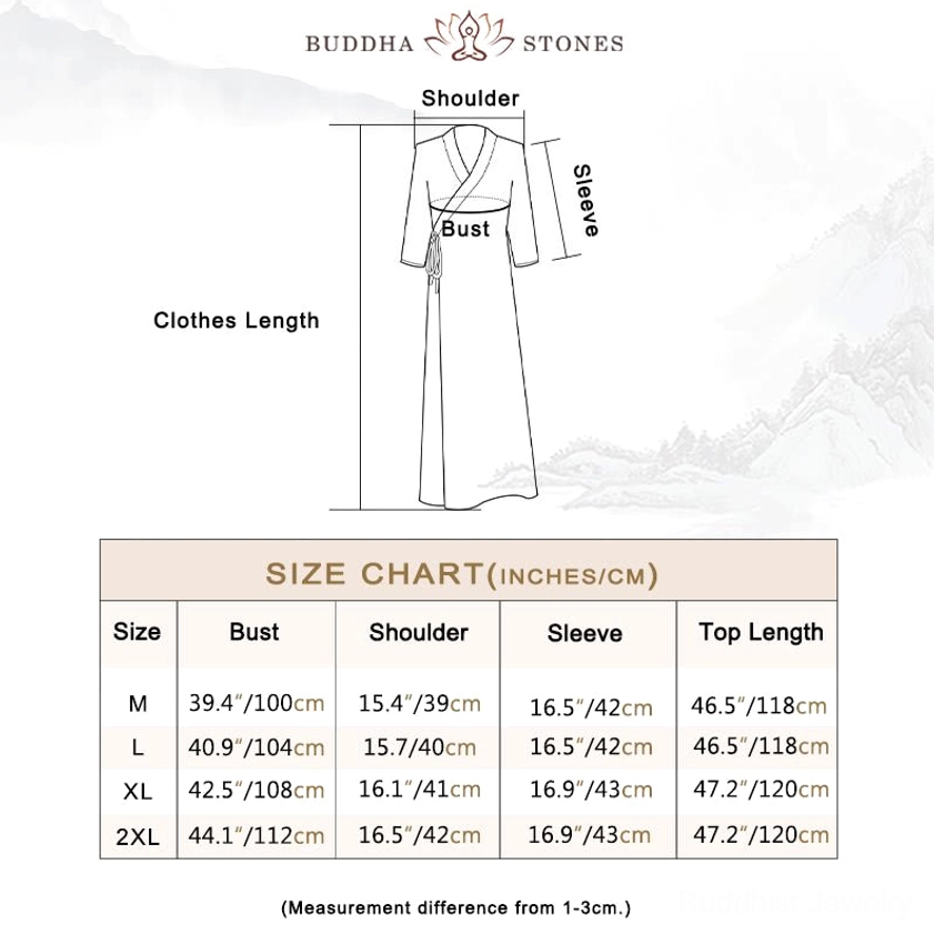 Zen meditation dress size chart showing measurement specifications for bust, shoulder, sleeve length and dress length in inches and centimeters
