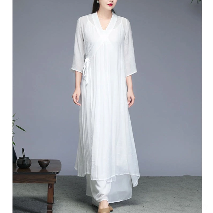 Detailed view of Zen meditation dress V-neck and 3/4 sleeve design showing lightweight breathable chiffon construction