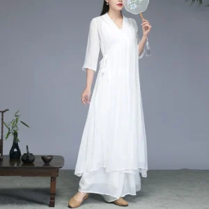White Zen meditation chiffon midi dress with V-neck and 3/4 sleeves, front view with side tie detail for yoga and spiritual practice