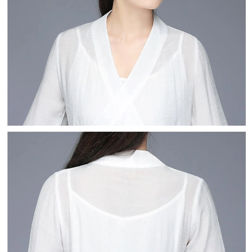 Zen meditation outfit detail shot showing premium quality polyester chiffon fabric texture and handcrafted construction