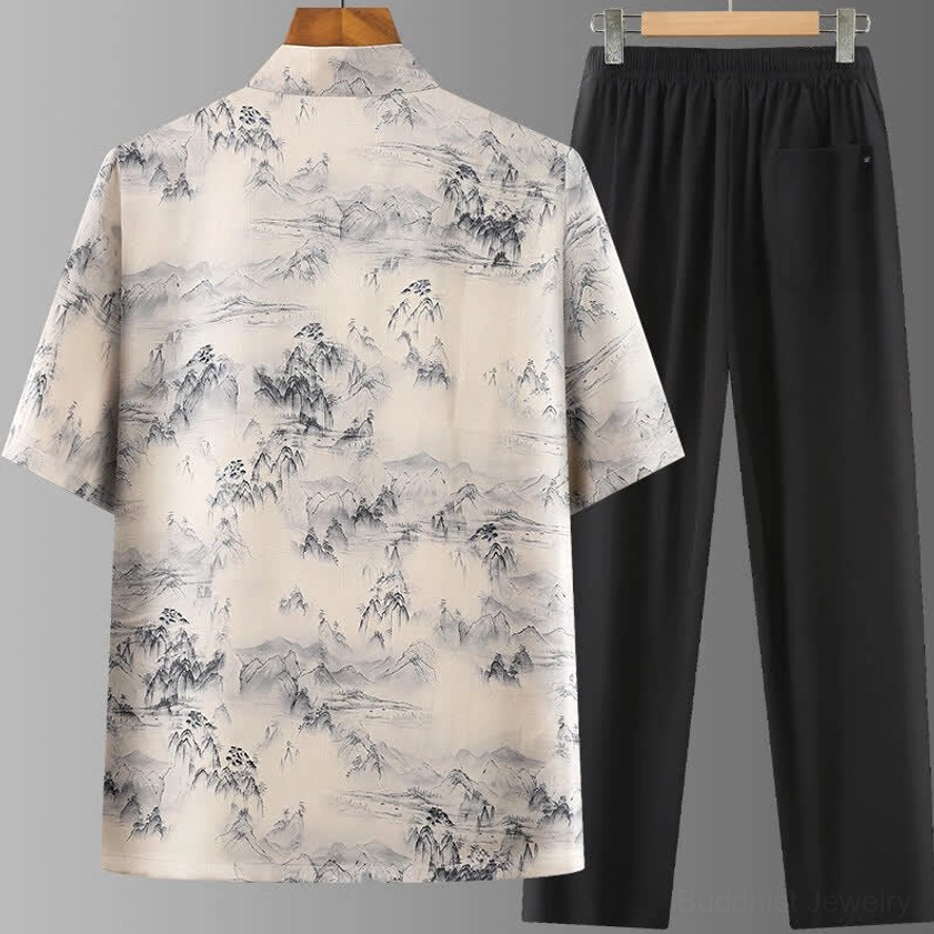 Buddhist Mindfulness Wear - Back View of Mountain Landscape Printed Shirt with Black Straight Leg Pants