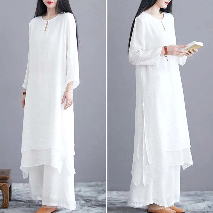 Women's zen meditation two-piece set in solid white color showing complete outfit styling