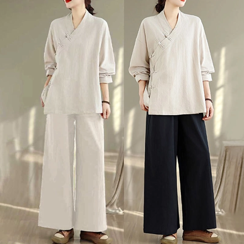 Back view of zen meditation yoga uniform pants showing natural waistline and relaxed wide-leg silhouette