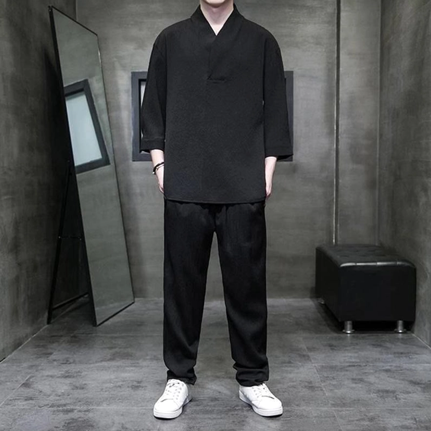 Mens Buddhist linen casual set black three-quarter sleeve V-neck shirt black tapered pants full-body