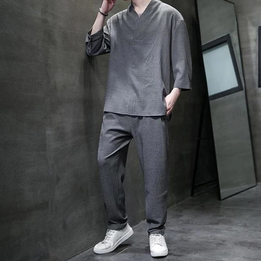 Mens Buddhist two-piece casual set black linen-style shirt comfortable breathable fabric