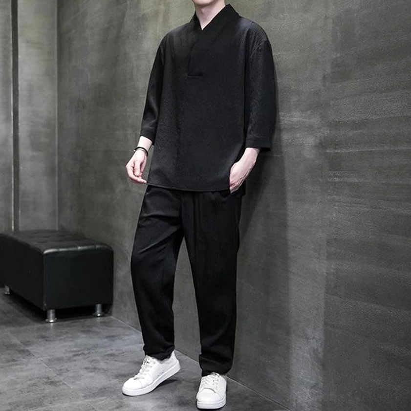 Mens Buddhist two-piece casual set black three-quarter sleeve shirt black pants tapered fit