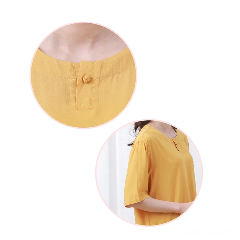 Meditation uniform detail shots crew neck button elastic waist sleeve hem