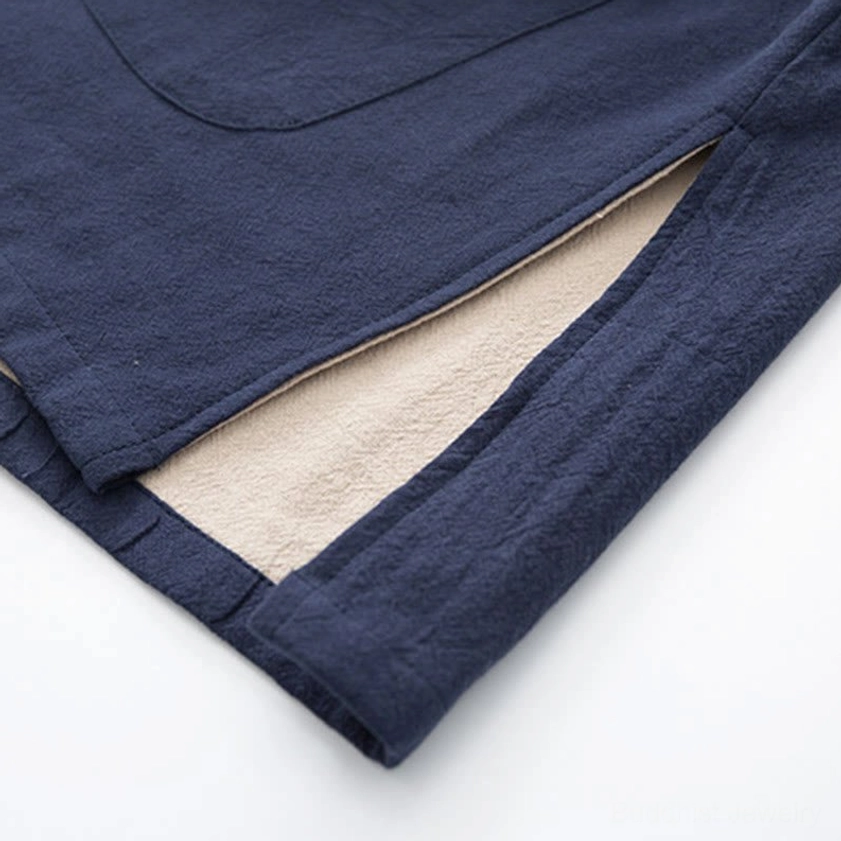 Care instruction detail for natural linen zen tang suit showing breathable hang dry method for longevity