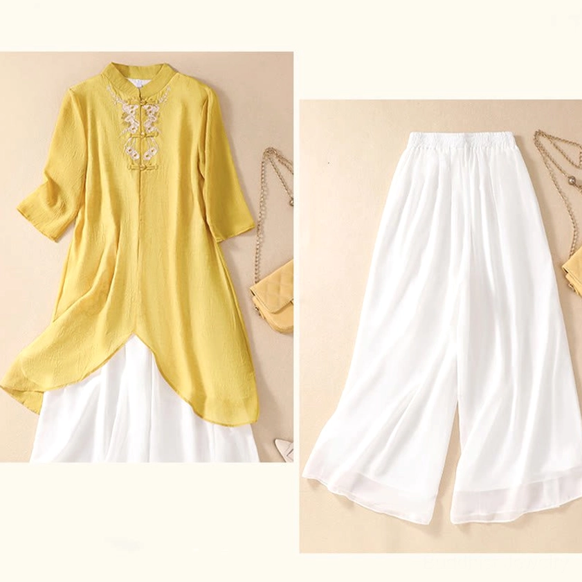 Alternative view of women's zen embroidered two-piece set displaying tunic length and white pants proportion